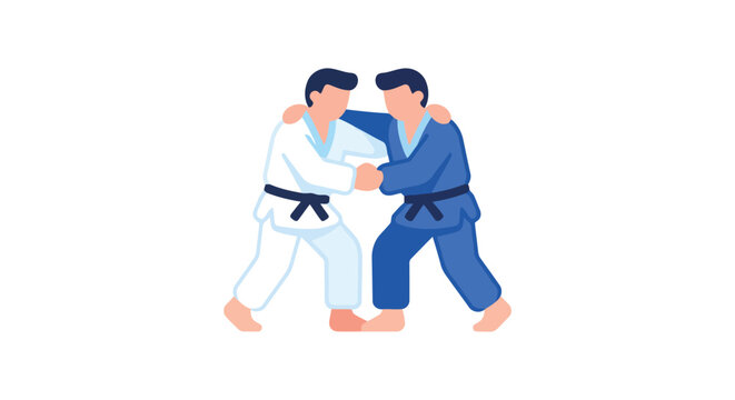 Two martial artists grapple in a flat vector illustration with a white background