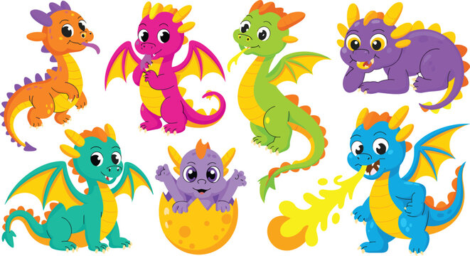 Cute little dragons vector characters set featuring colorful baby monsters with wings fire breathing and hatching from egg isolated on white background
