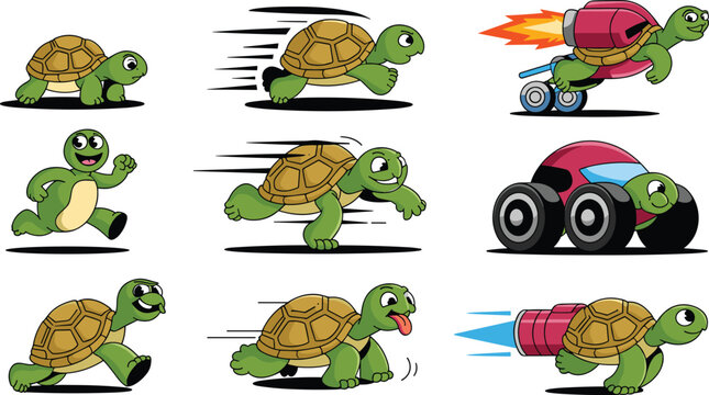 Fast cartoon turtle character vector set featuring funny tortoises running racing using rockets jetpacks and driving a race car isolated on white background