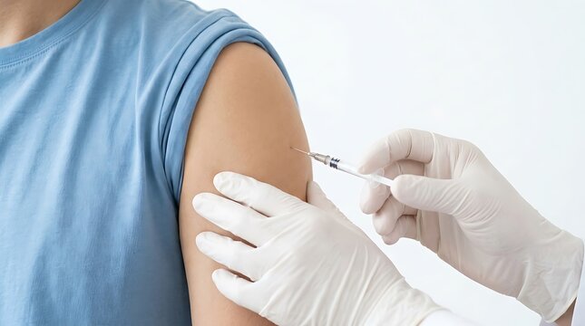 Person receiving vaccination shot in upper arm with gloved hand