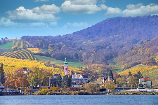 Picturesque Kahlenbergerdorf Village with St. George's Church by the Danube River in Vienna, Austria