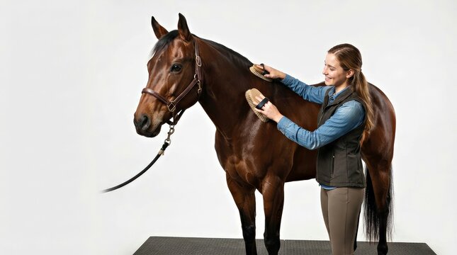 Woman Grooming Brown Horse With Two Brushes on White Background