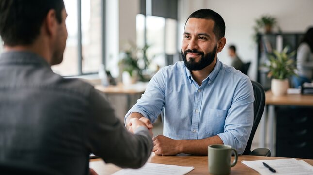 Recruiter shaking hand with job applicant across wooden desk in modern workspace. Smiling hispanic manager finalizing employment contract for human resources onboarding.