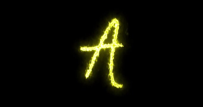 fiery yellow letter A written in stylized script with glowing effect against black background, abstract design element.