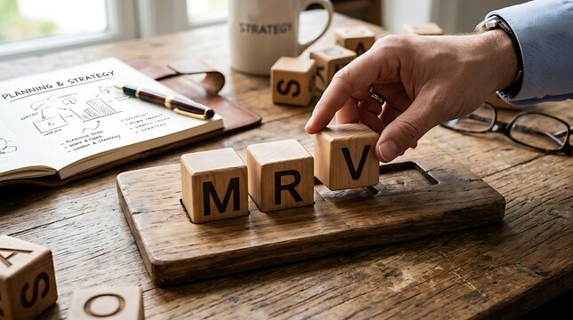 Person arranging wooden block letters spelling mrv on desk