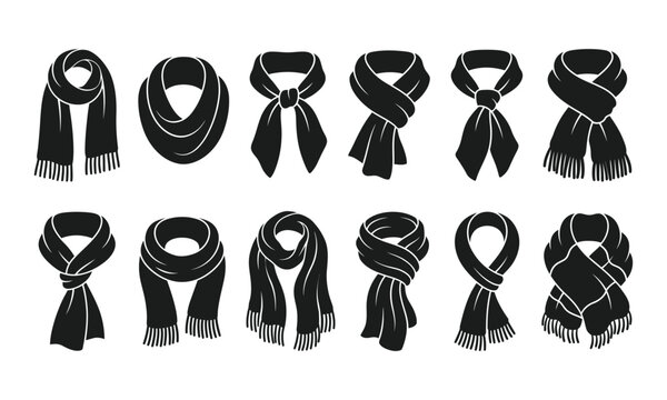 Collection of black scarves displayed in various styles and fashionable arrangements