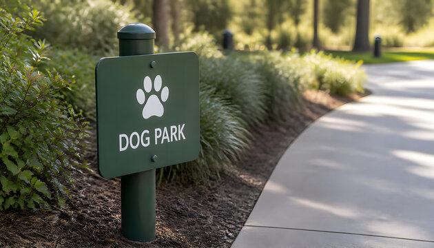 Green Dog Park Signpost with Paw Print Icon in Public Park