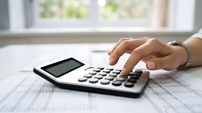 Professional person using calculator for financial analysis at desk