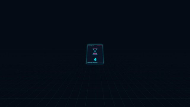 Futuristic glowing neon digital card icon with trophy symbol on dark grid background