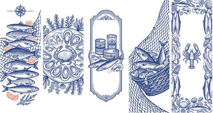 Nautical seafood banners with fish platter crab lobster and fishing net blue line artwork