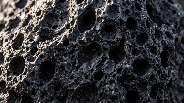 Volcanic lava rock texture, porous black basalt stone surface, macro detail of igneous volcanic rock, natural dark mineral background for geology