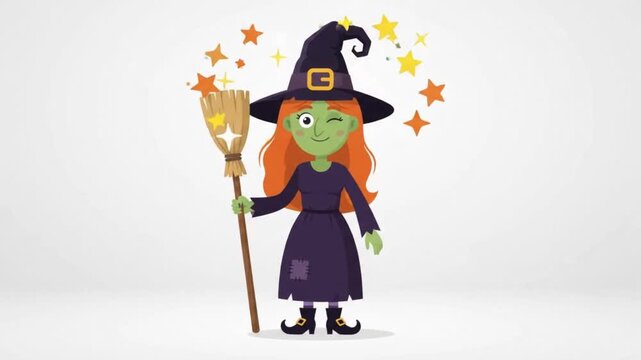 Witch character holding a magic broomstick stands smiling while winking against a clean white background for seasonal holiday design projects.