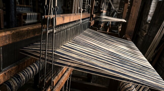 Vintage wooden loom with striped fabric warp, traditional weaving machinery in a rustic workshop, antique textile manufacturing equipment