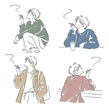 Young man smoking a cigarette in simple hand-drawn line art set
