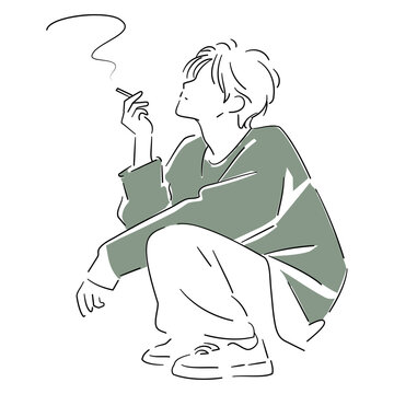 Young man smoking a cigarette in simple hand-drawn line art
