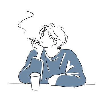 Young man smoking a cigarette in simple hand-drawn line art

