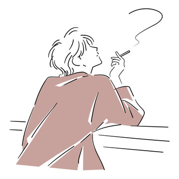 Young man smoking a cigarette in simple hand-drawn line art
