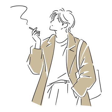 Young man smoking a cigarette in simple hand-drawn line art
