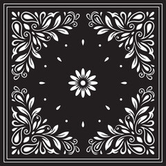 Ornate paisley bandana featuring floral motifs and a checkered center in black and white tones. © TaraSana