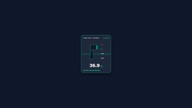 Digital dashboard interface for body temperature monitoring with infrared thermometer icon in dark mode