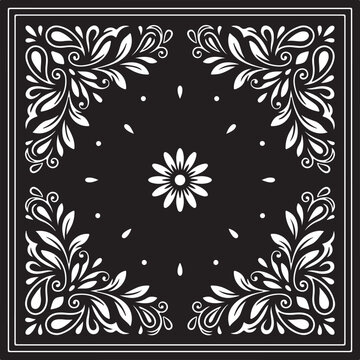Ornate paisley bandana featuring floral motifs and a checkered center in black and white tones.