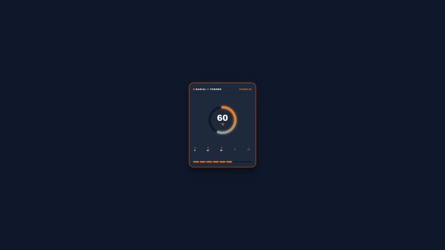 Modern dark mode user interface dashboard card with circular progress gauge and digital data analytics display