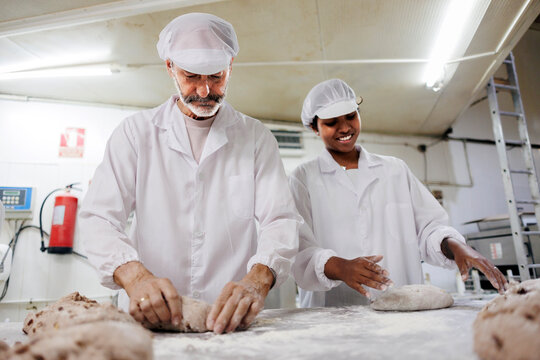 Bakery team shaping fresh bread dough