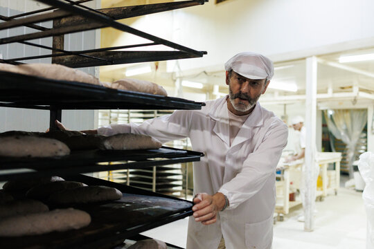 Baker preparing raw bread loaves on trays in commercial bakery