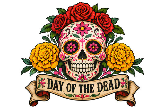 Day of the Dead Floral Sugar Skull Badge Design with Ribbon