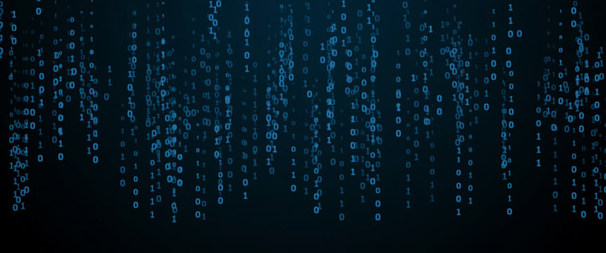 Falling binary code matrix numbers on dark blue background representing digital data flow.