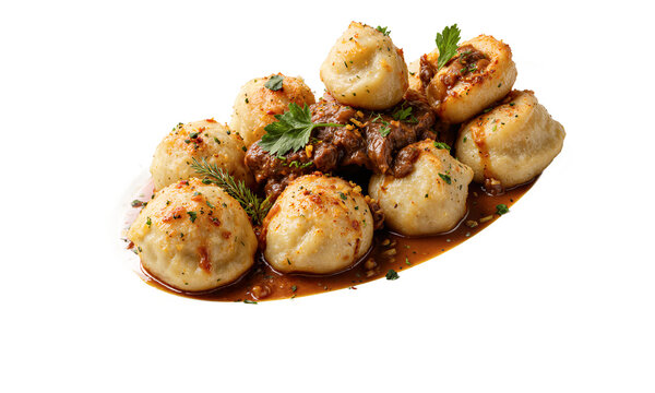 Potato dumplings goulash beef stew served with rich gravy and fresh herbs on a transparent background