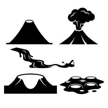 Minimalist Volcano Icon Set featuring Erupting Mountains, Hot Lava Flows, Deep Craters, and Geothermal Springs in Flat Black Silhouette Style for Modern Science and Nature Graphic Design Projects.
