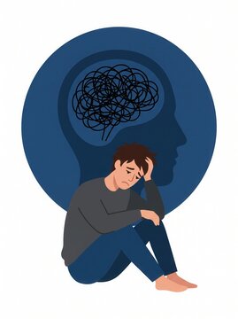 Depressed young man sitting on the floor with a tangled mess of thoughts inside his head, mental health and anxiety concept illustration