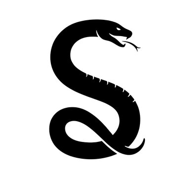 Stylized black snake coiled in the shape of letter S with open jaws and fangs on a white background