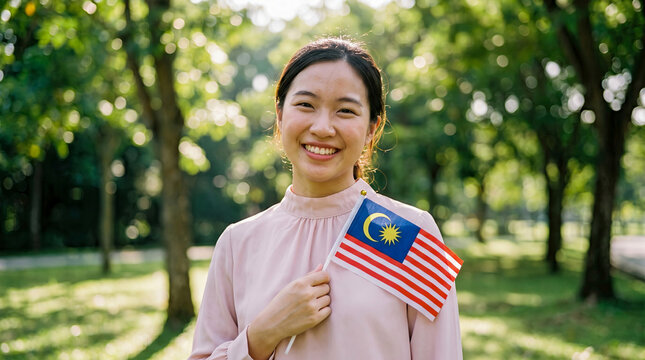 Young Asian woman smiling and holding a small Malaysian flag in a park on a sunny day, celebrating national pride