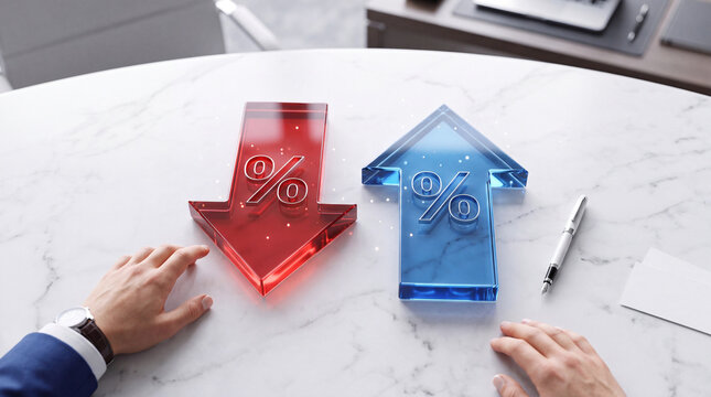 Conceptual Representation of Fluctuating Interest Rates and Economic Trends Featuring Red and Blue Glass Arrows with Percentage Symbols on a Marble Office Desk during a Business Meeting.