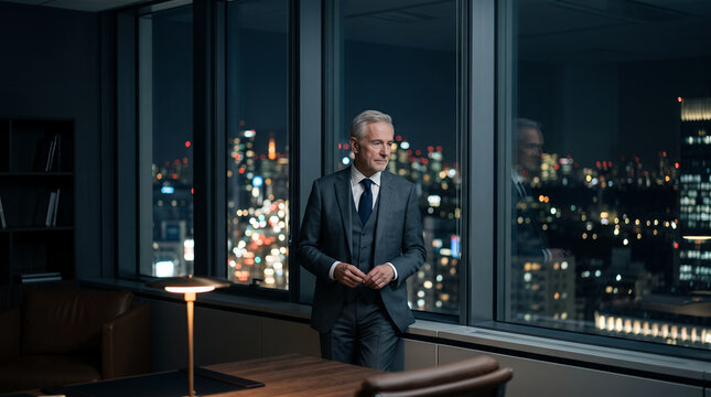 A mature businessman in a formal suit stands thoughtfully in a modern office looking out the window at the glowing city lights at night