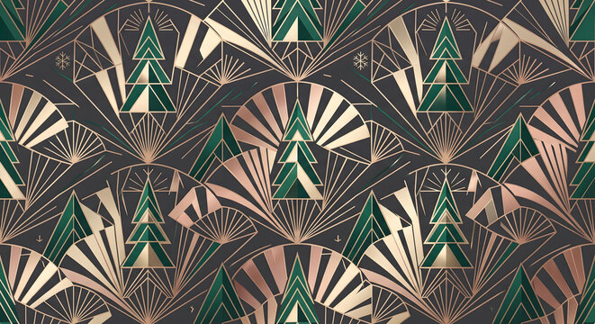 Art Deco Christmas seamless pattern with geometric gold and green trees. Elegant 1920s vintage holiday background design. Festive digital illustration for wrapping paper and luxury textiles.