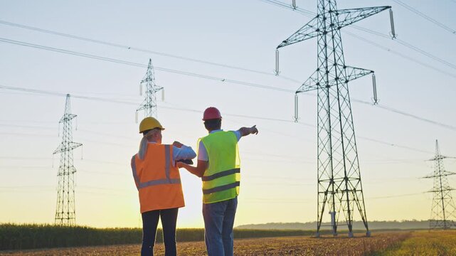 Two maintenance engineers inspect a power line at sunset discussing electrical infrastructure. Their focus highlights the importance of reliable power supply and green technology.