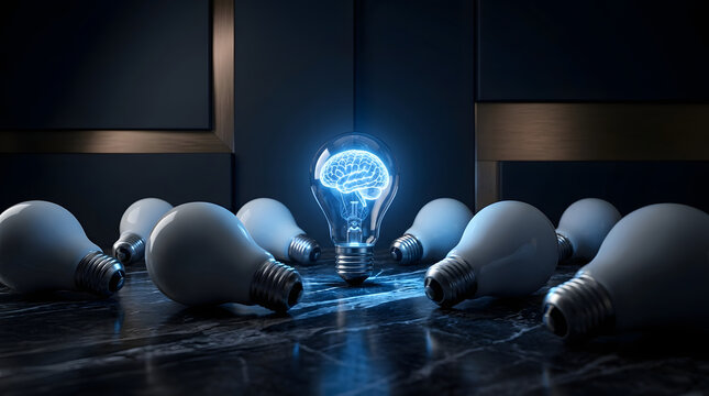 Glowing Human Brain Inside a Bright Blue Light Bulb Surrounded by Unlit Bulbs on Dark Marble Surface, Representing Innovation, Creative Intelligence, Artificial Intelligence, and Big Ideas