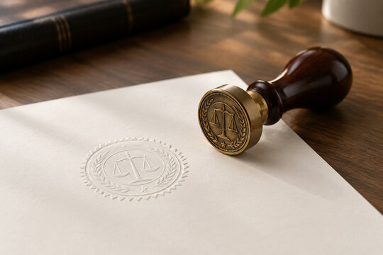 Notary stamp and embossed seal on paper, notarize legal certification and contract concept
