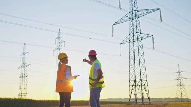 Two maintenance engineers stand near power lines at sunset, discussing work in a green technology setting. Dressed in safety gear, they inspect the power supply infrastructure.