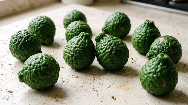 Close-Up of Fresh Kaffir Limes with Textured Green Skin