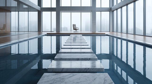 Modern indoor swimming pool with marble stepping path and office chair behind glass walls, creating calm architectural interior.