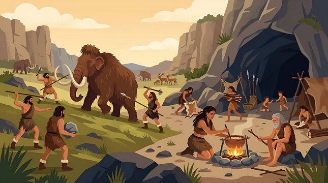 Primitive Cavemen Hunting Mammoth outside Prehistoric Cave Settlement