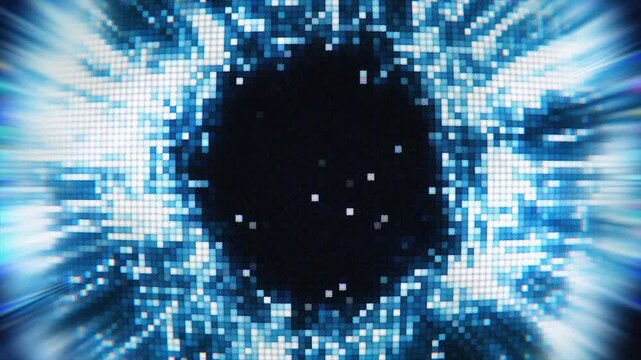 Abstract futuristic portal or robotic eye concept with glowing blue mosaic pixels radiating bright light.