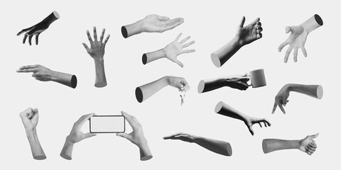 Obraz premium Diverse Set Of Hands Demonstrating Various Gestures, Actions, And Poses. Ideal For Concepts Related To Communication, Expression, And Interaction In Multiple Contexts, Copy Space Available.