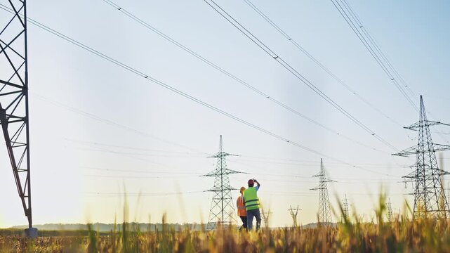 In a serene, sunlit field, two maintenance engineers stand beside a towering power line, diligently working to ensure the reliable supply essential for modern green technology.