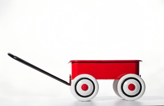 Small red metal wagon for children isolated on white background with toy wagon