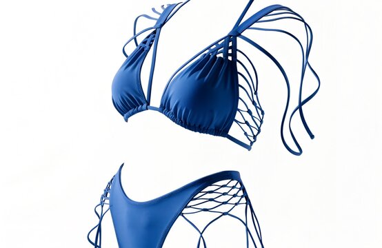 Blue bikini swimsuit with decorative side strings isolated on white background